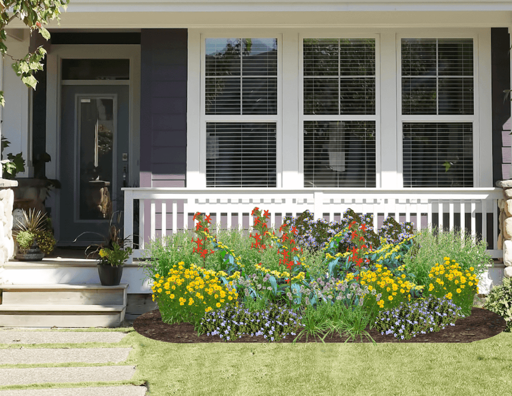 Multicolored native plant garden in front of a gray house