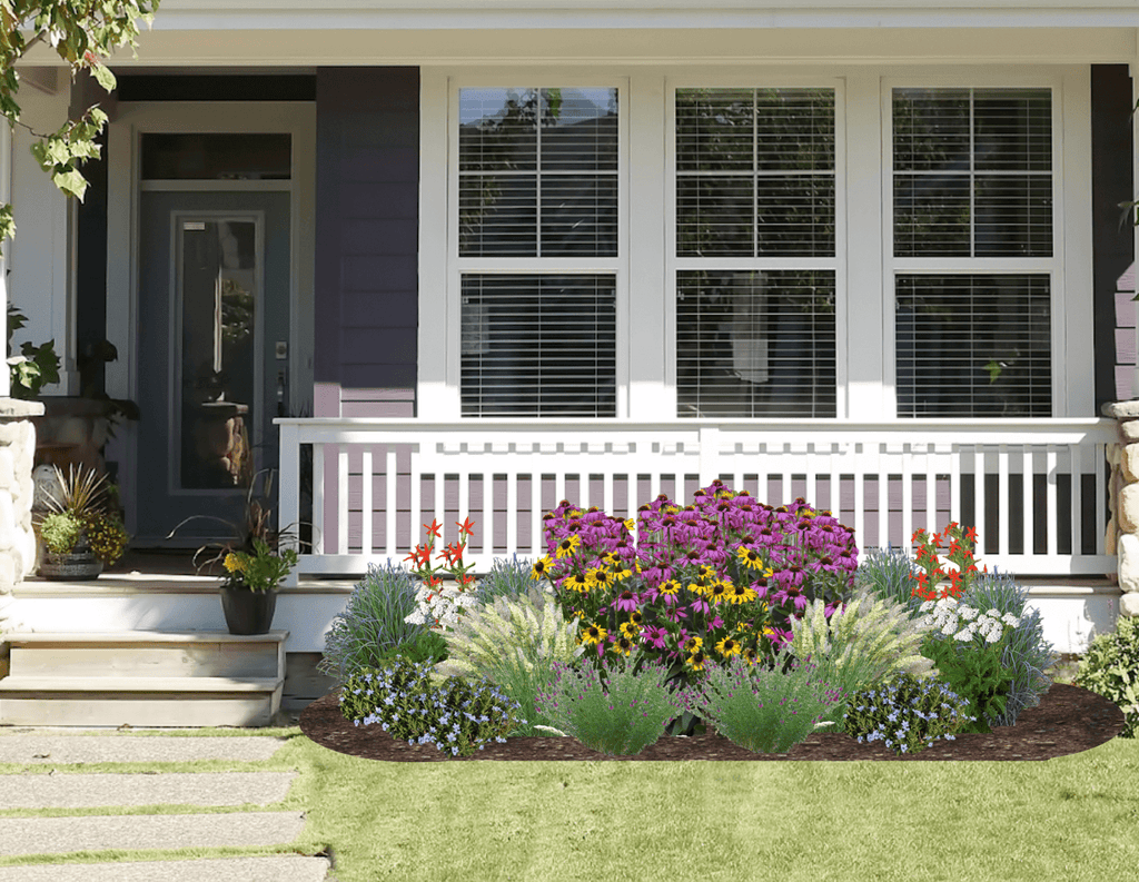 A multicolored garden of native flowers and grasses in front of a purple house